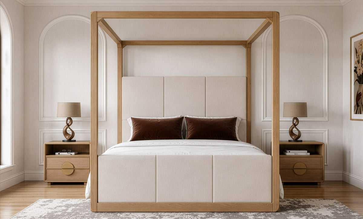 King Canopy Bed Frame, Upholstered Beige and Natural Oak Canopy Bed