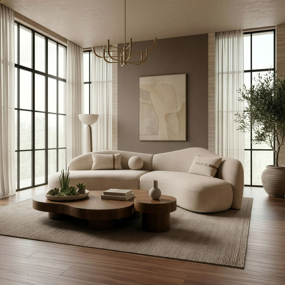 Curved Sectional Sofa, Beige Fabric Modern Couch with Throw Pillows
