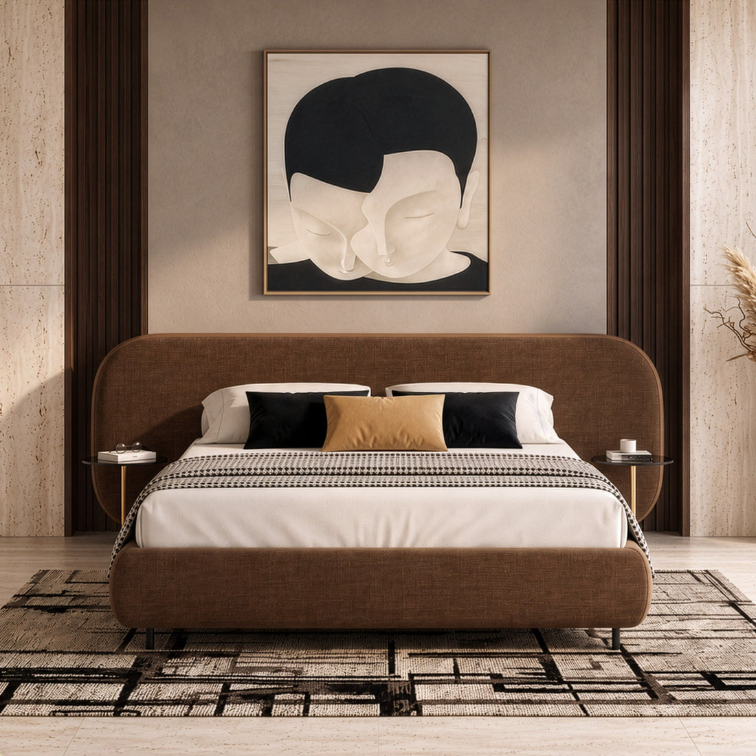 King Upholstered Bed with Nightstands, Modern Brown Fabric Platform Bed