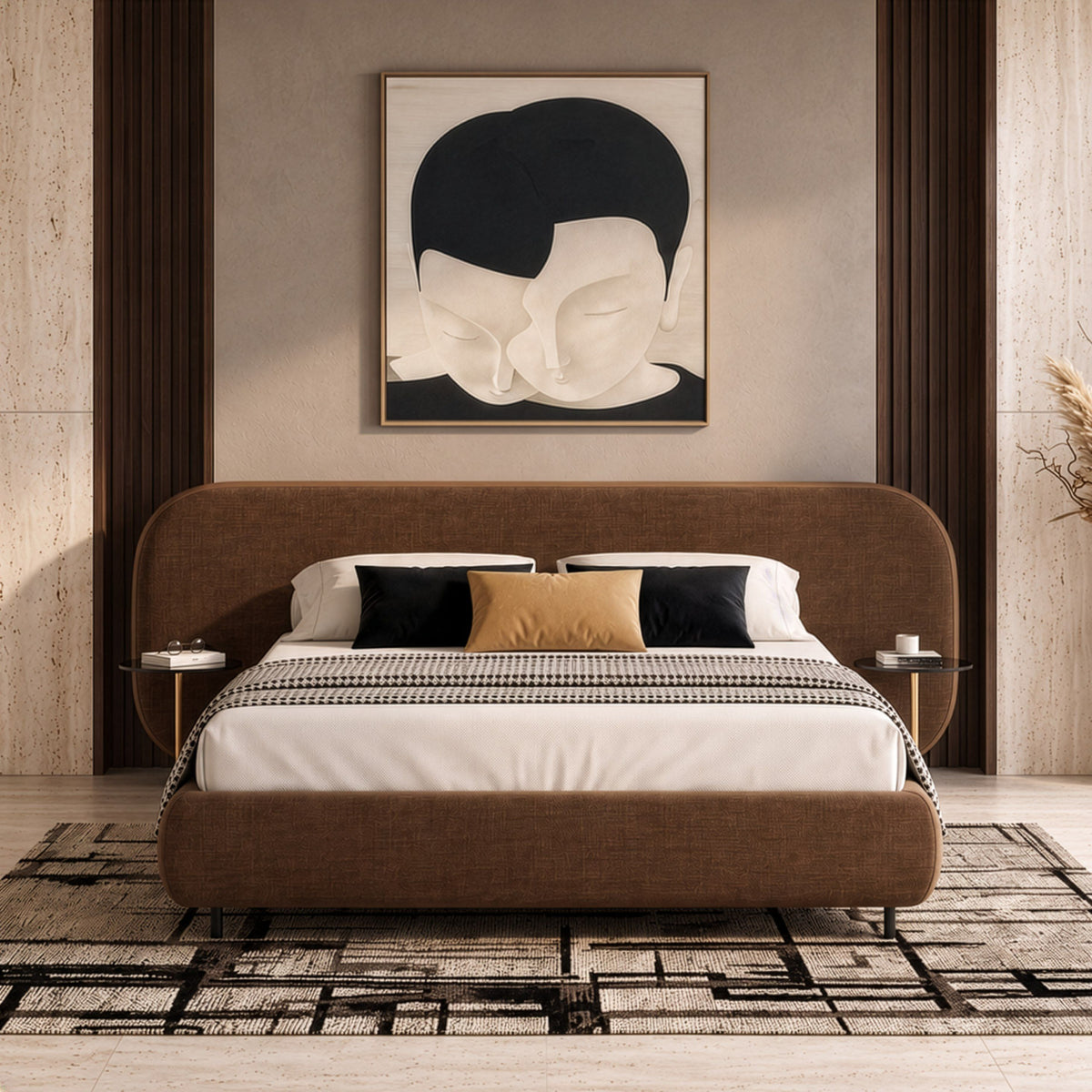 King Upholstered Bed with Nightstands, Modern Brown Fabric Platform Bed