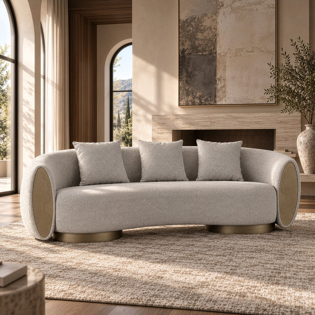 Striped Fabric Sofa, Modern Round Arm Couch with Brass Accents