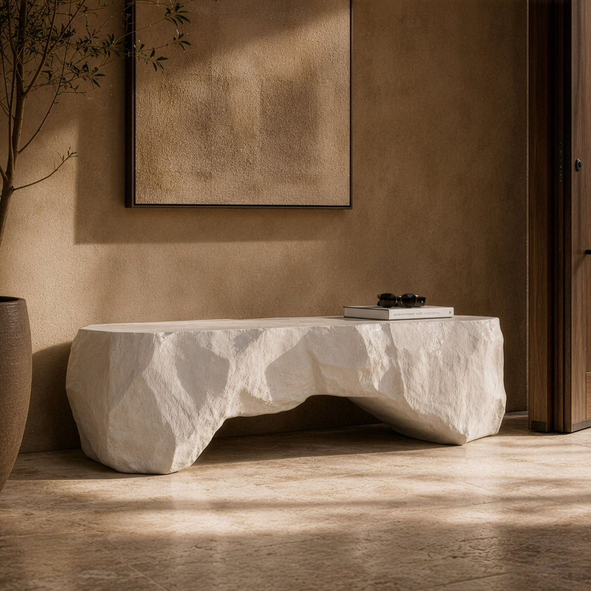 Cream Concrete Bench, Modern Indoor Outdoor Entryway Bench