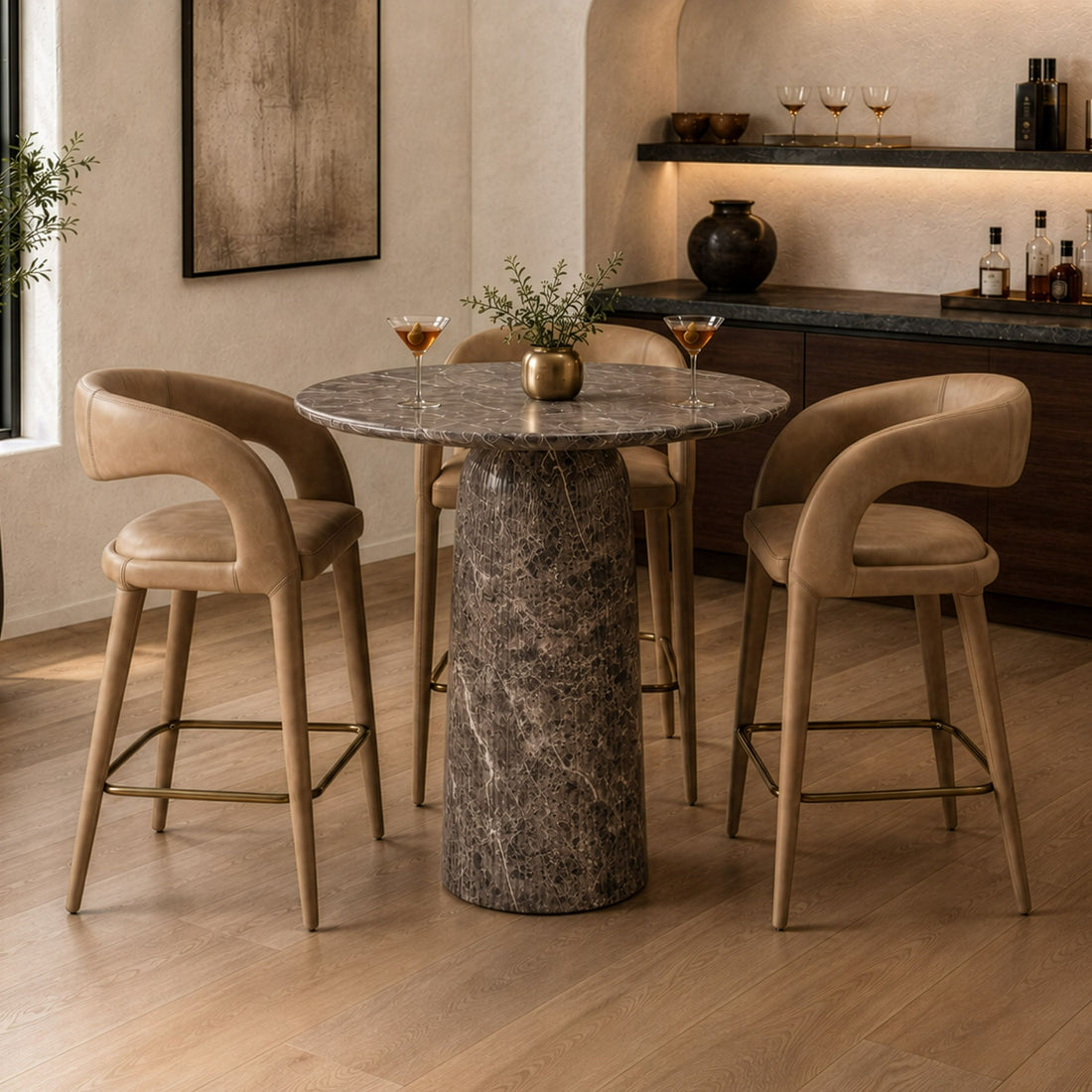 Round Counter Height Table, Faux Marble Concrete Pub Table