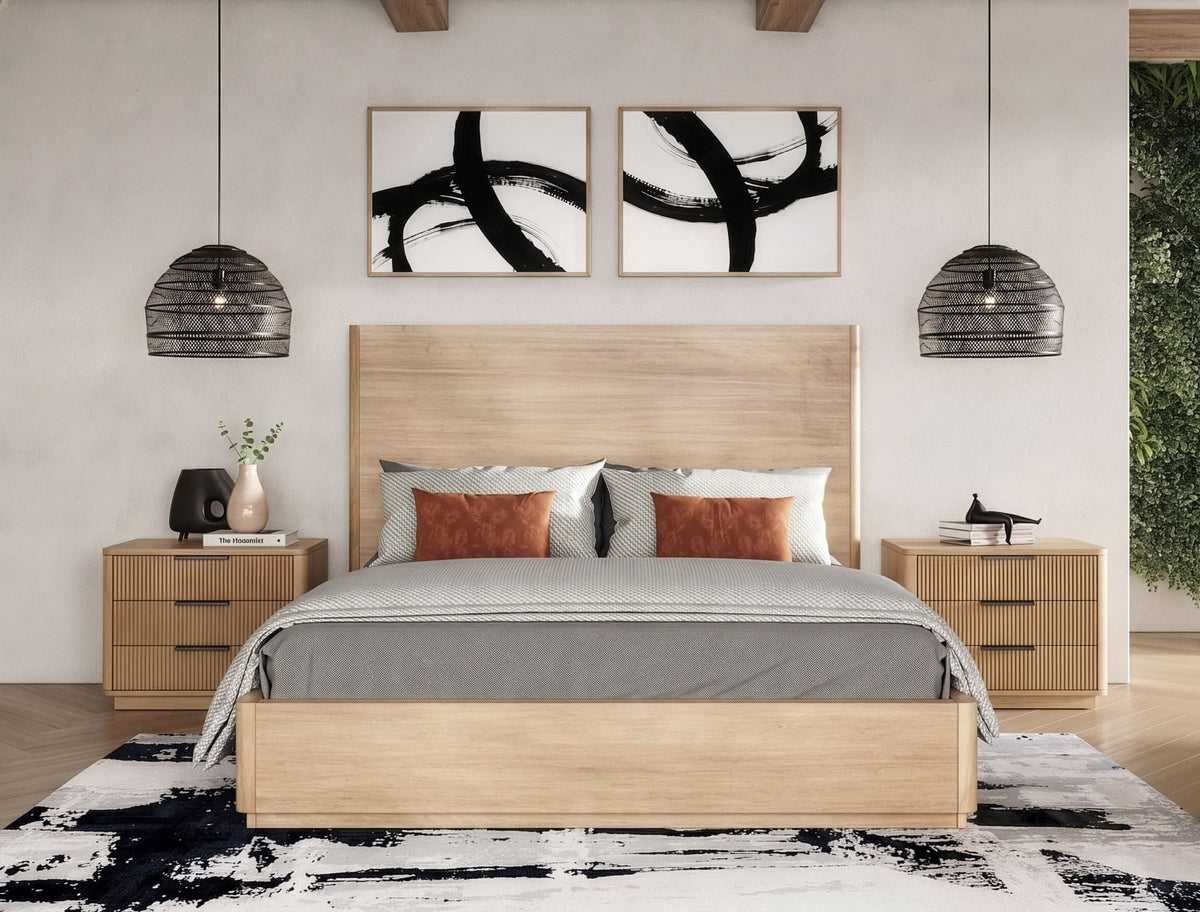 Natural Oak Three Drawer Nightstand, Modern Wide Bedside Chest