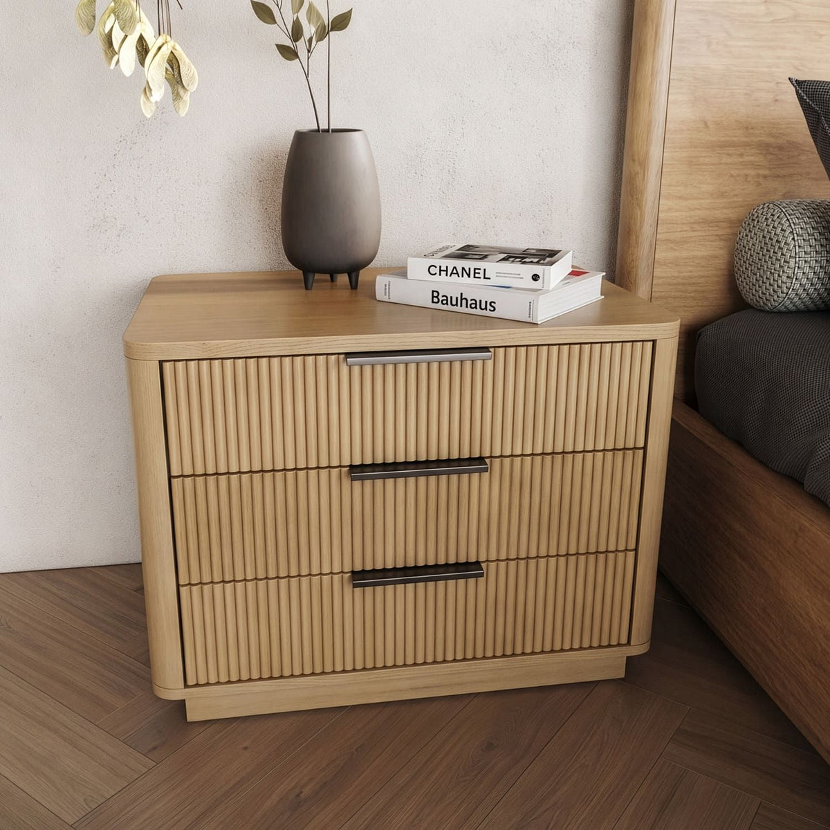 Natural Oak Three Drawer Nightstand, Modern Wide Bedside Chest