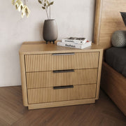 Natural Oak Three Drawer Nightstand, Modern Wide Bedside Chest