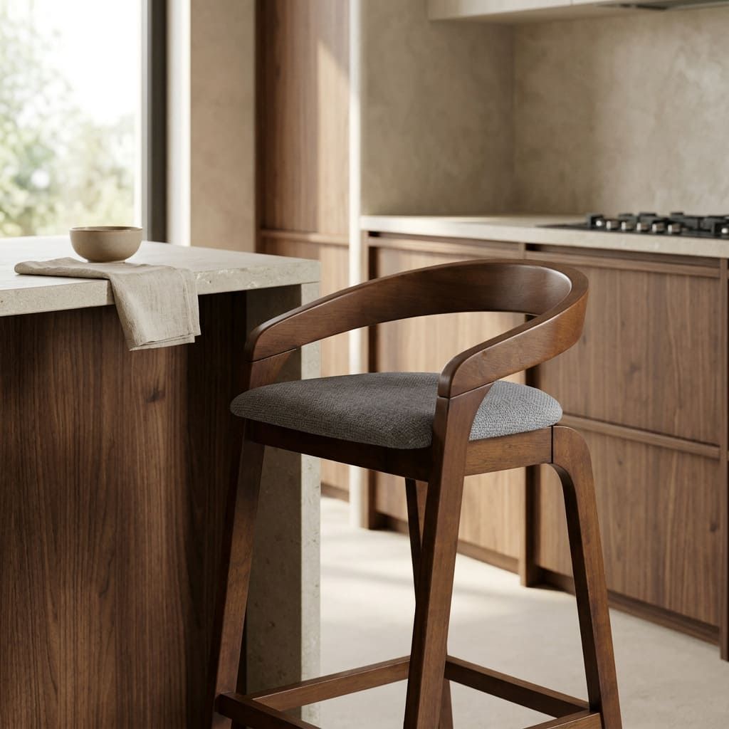 Walnut Counter Stools Set, Grey Upholstered Low Back Kitchen Stools