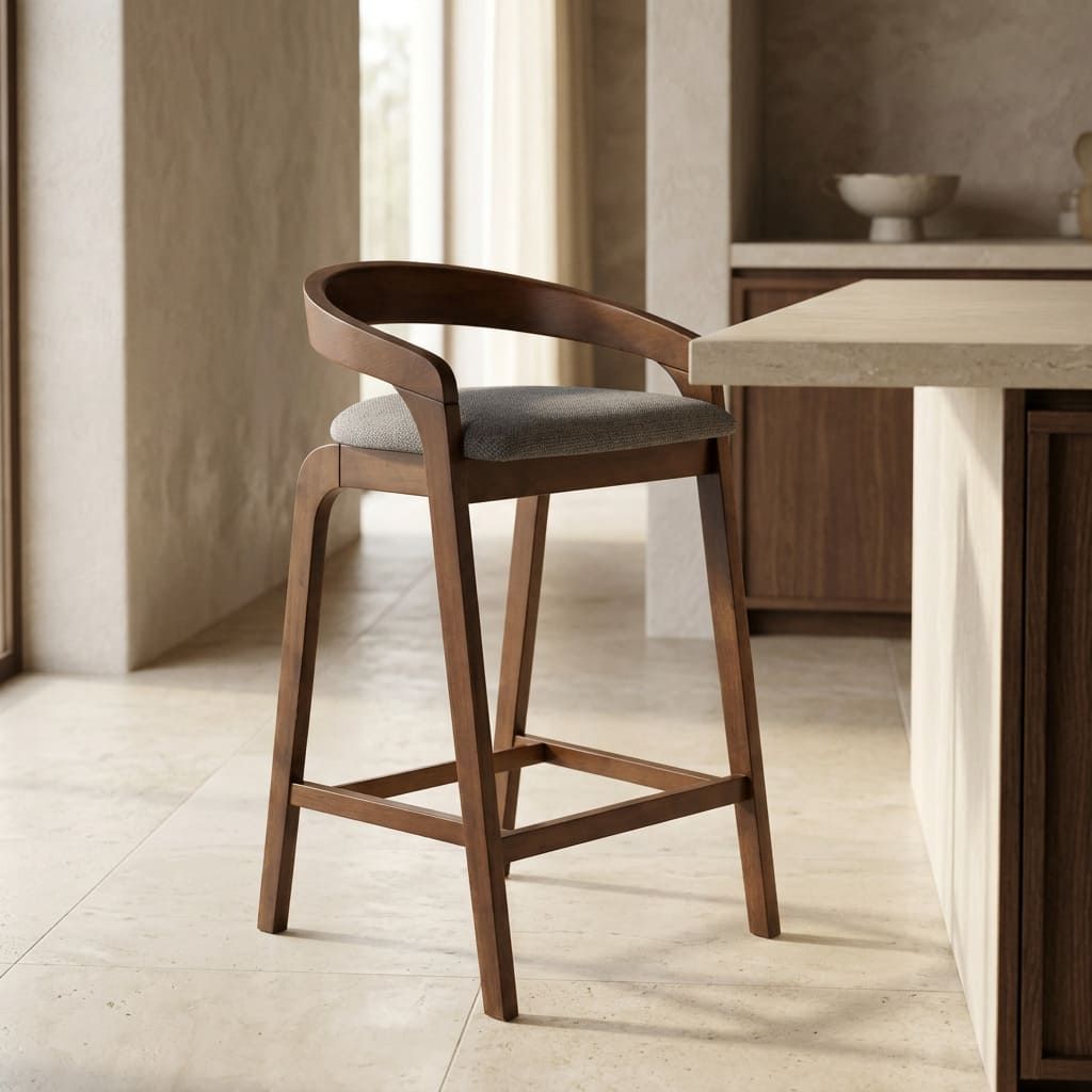 Walnut Counter Stools Set, Grey Upholstered Low Back Kitchen Stools