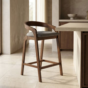 Walnut Counter Stools Set, Grey Upholstered Low Back Kitchen Stools