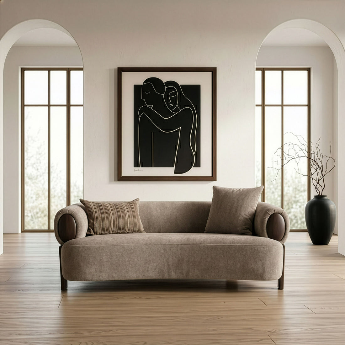 Tan Fabric Loveseat Sofa, Modern Round Arm Couch with Wood Accents