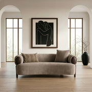 Tan Fabric Loveseat Sofa, Modern Round Arm Couch with Wood Accents