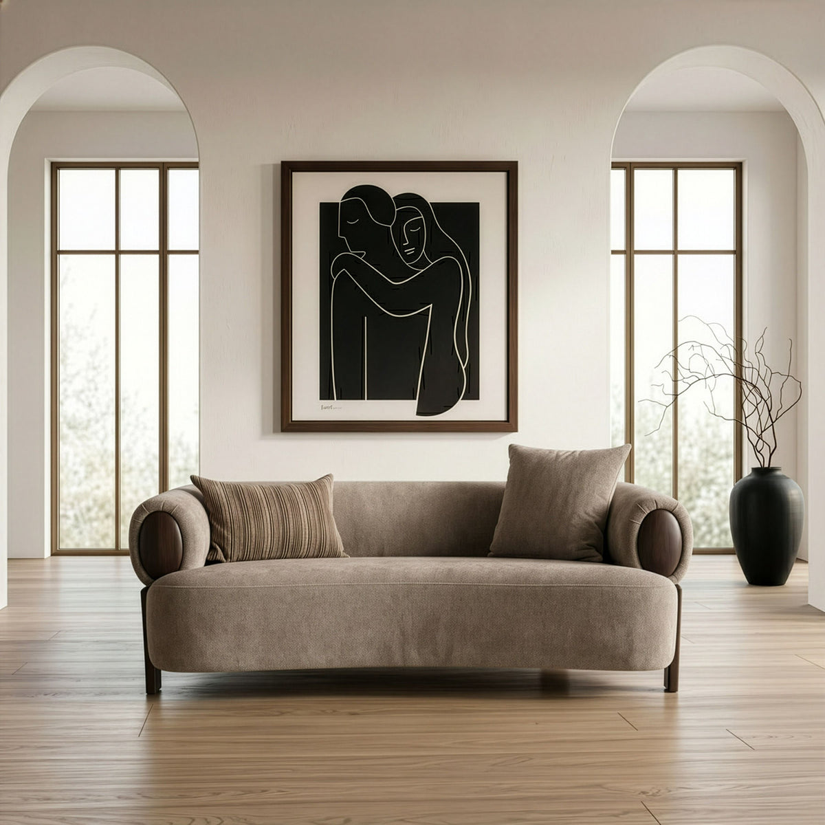 Tan Fabric Loveseat Sofa, Modern Round Arm Couch with Wood Accents