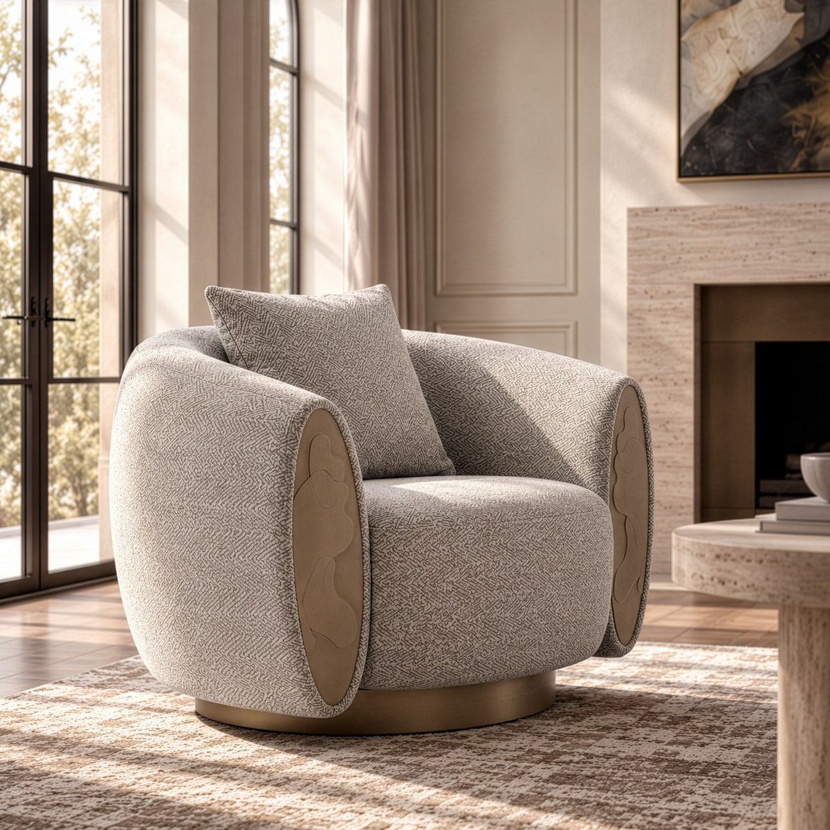 Striped Swivel Accent Chair, Modern Round Arm Chair with Brass Accents