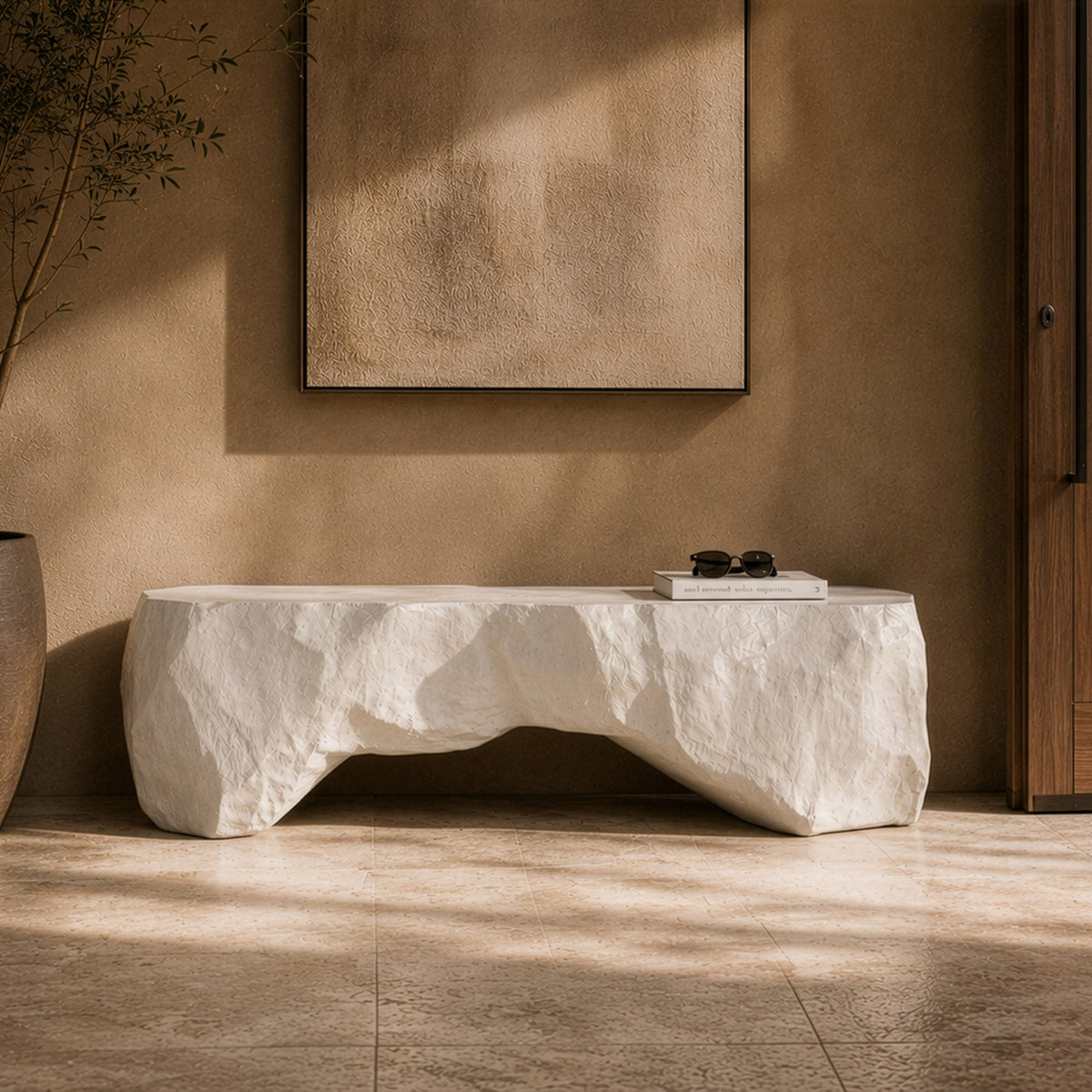 Cream Concrete Bench, Modern Indoor Outdoor Entryway Bench