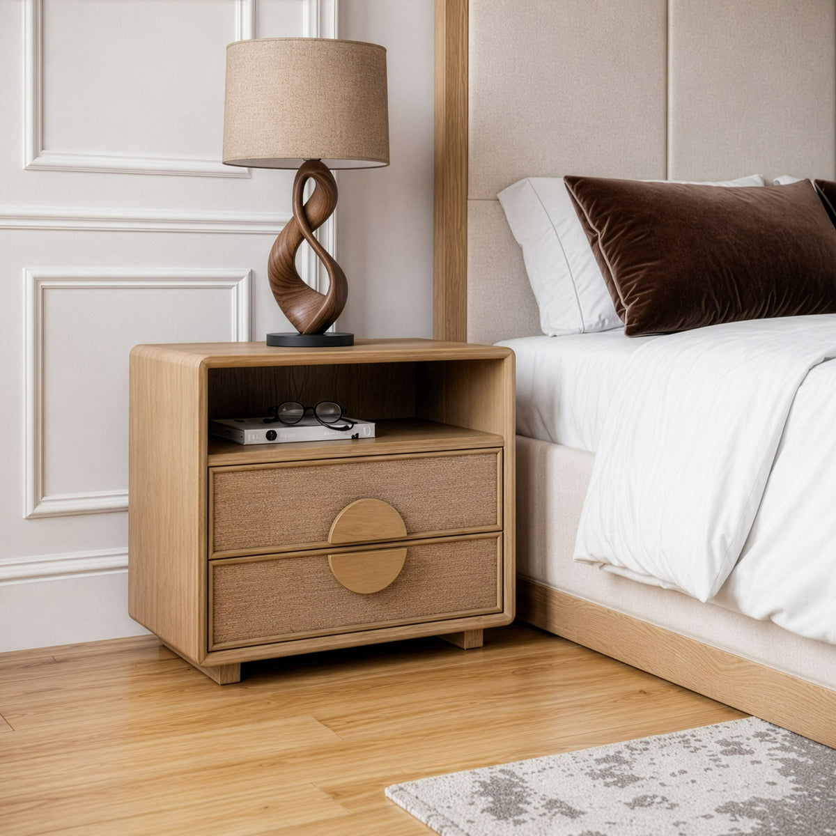 Oak Canopy Bedroom Set, Upholstered Bed with Rattan Front Dresser
