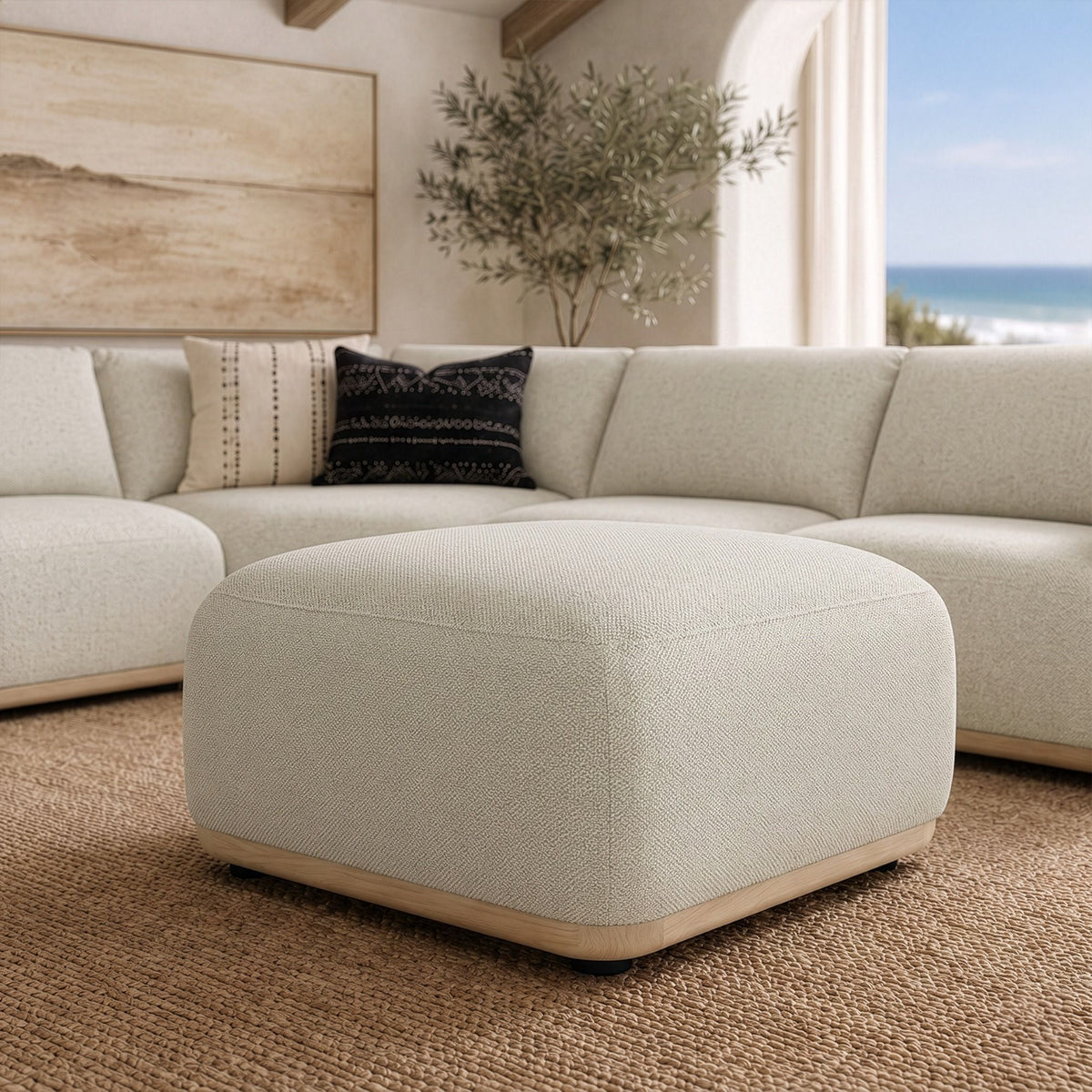 Off White Square Ottoman, Upholstered Cocktail Ottoman on Casters