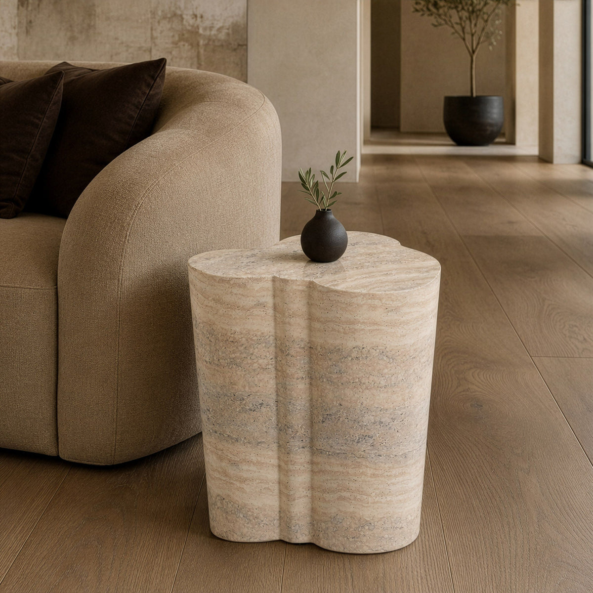 Faux Travertine End Table, Modern Concrete Drum Side Table