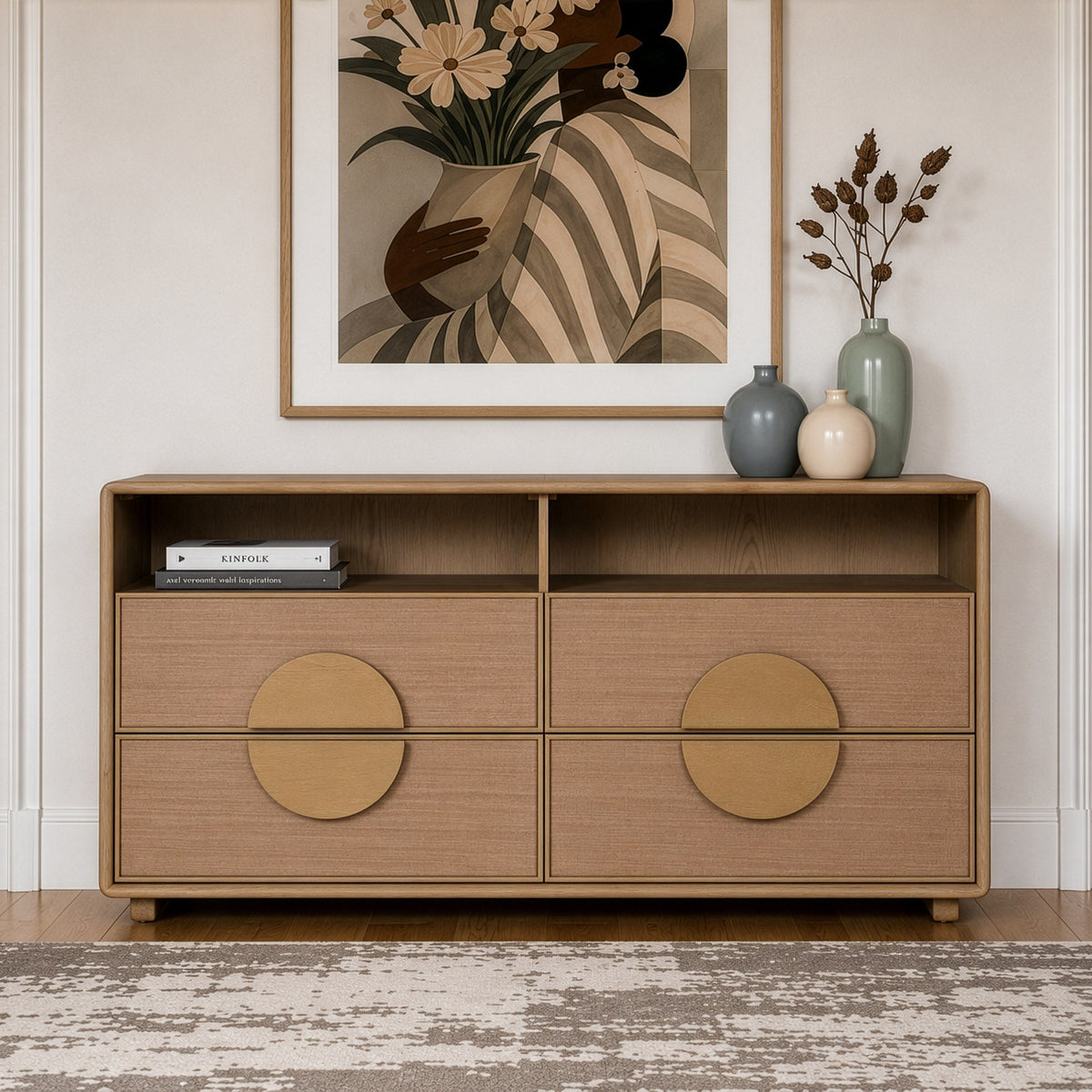Rattan Front Dresser, Modern Natural Oak Dresser with Open Shelves