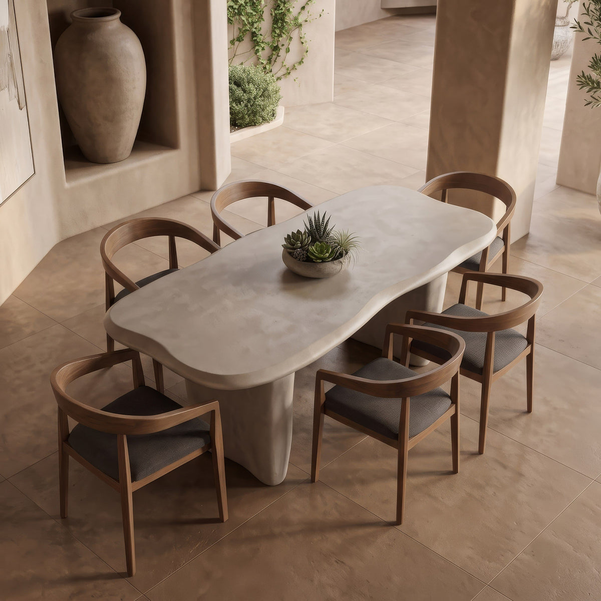Beige Concrete Dining Table, Free Form Organic Indoor Outdoor Table