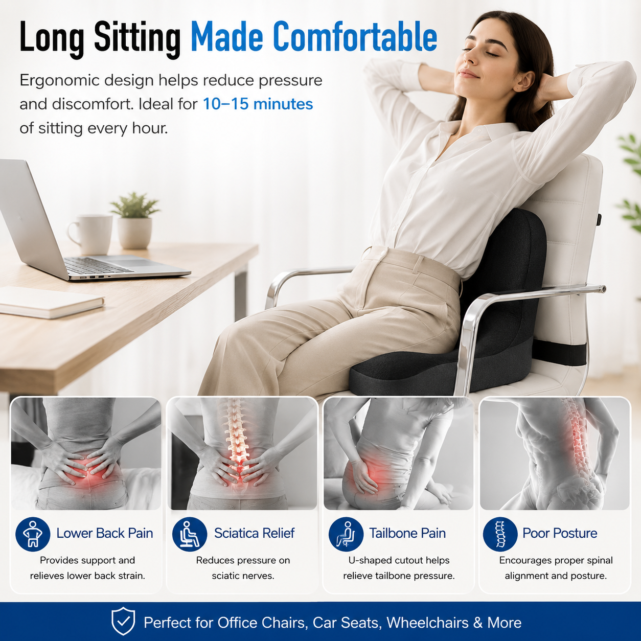 Bloomorix™ Premium Memory Foam Seat Cushion – Non-Slip Comfort Support