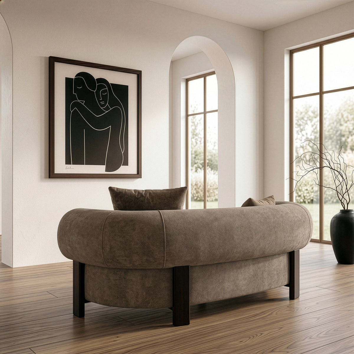 Tan Fabric Loveseat Sofa, Modern Round Arm Couch with Wood Accents