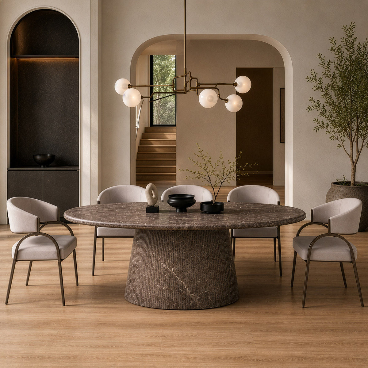 Oval Faux Marble Dining Table, Modern Concrete Pedestal Table