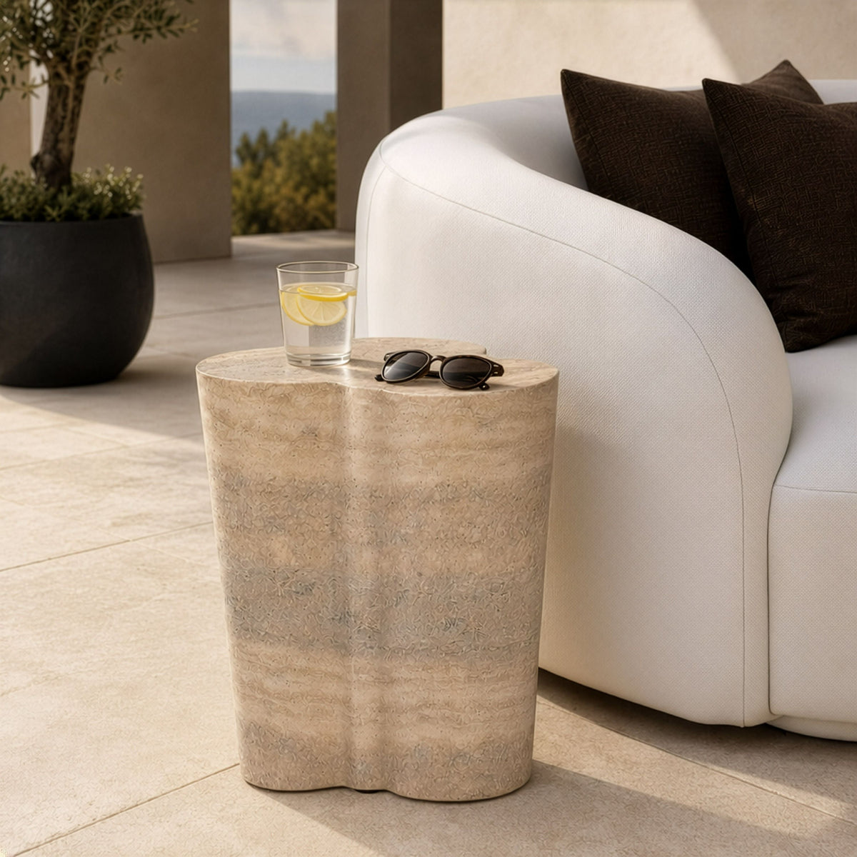 Faux Travertine End Table, Modern Concrete Drum Side Table