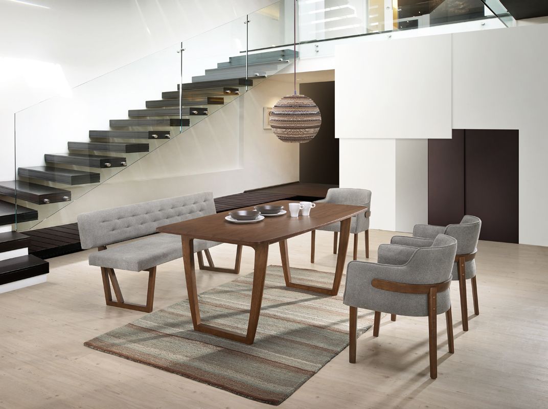 Dining Table Set with Bench, Walnut and Grey Upholstered Dining Set