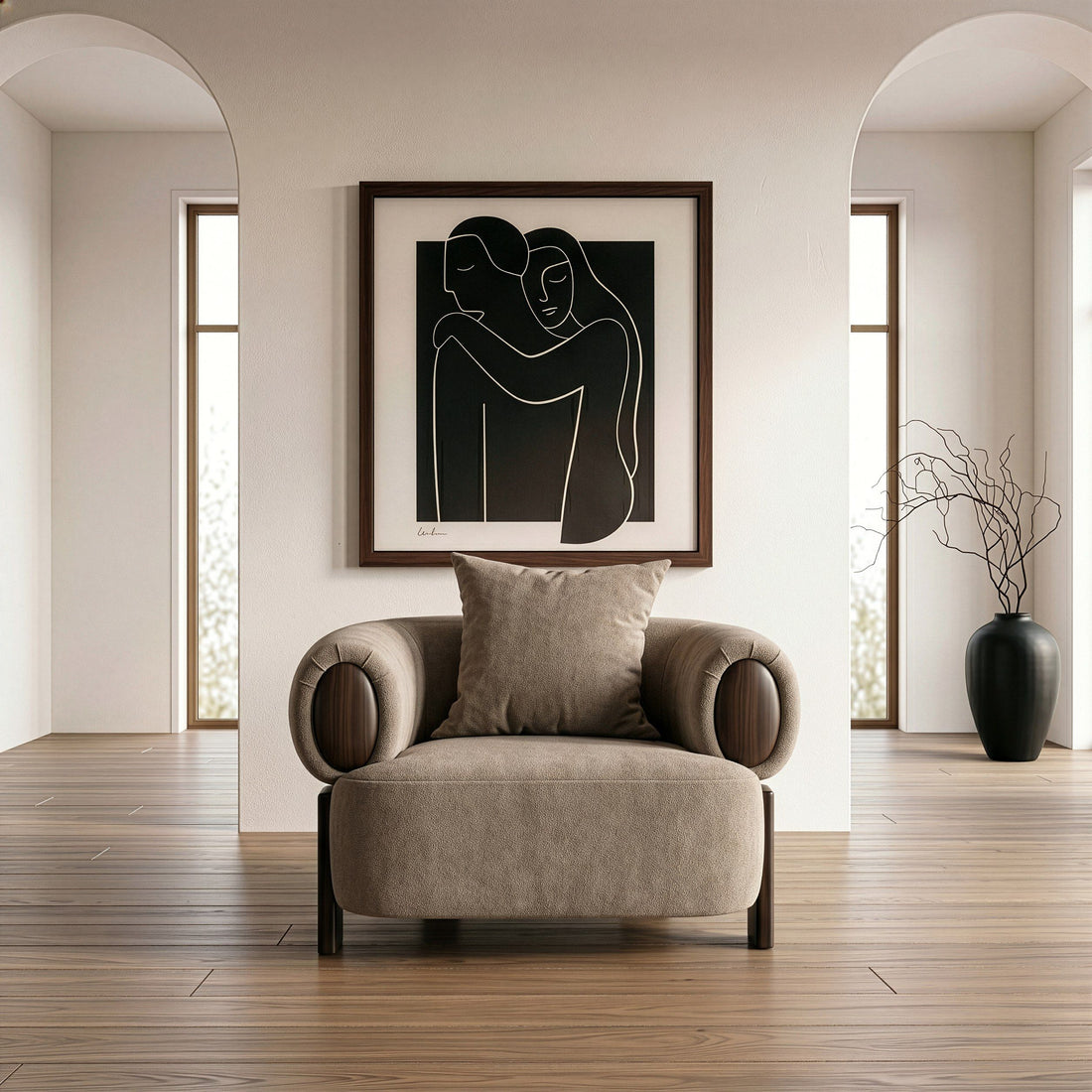 Tan Fabric Accent Chair, Modern Round Arm Lounge Chair with Wood Accents