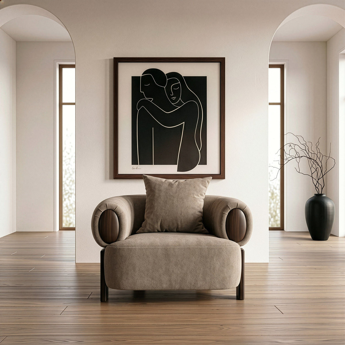 Tan Fabric Accent Chair, Modern Round Arm Lounge Chair with Wood Accents