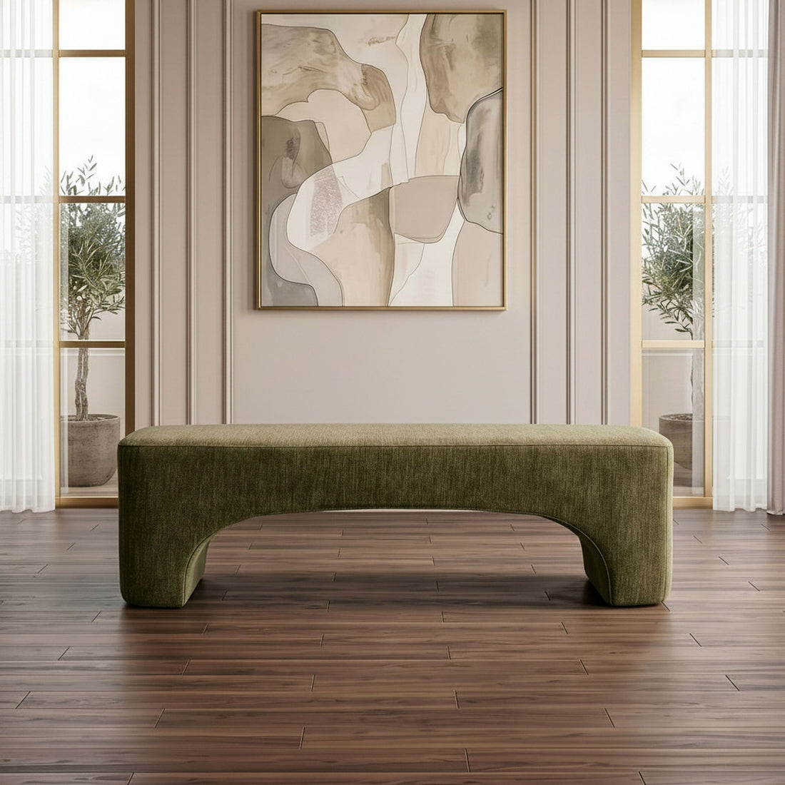 Olive Green Upholstered Bench, Modern Fabric Ottoman Bench