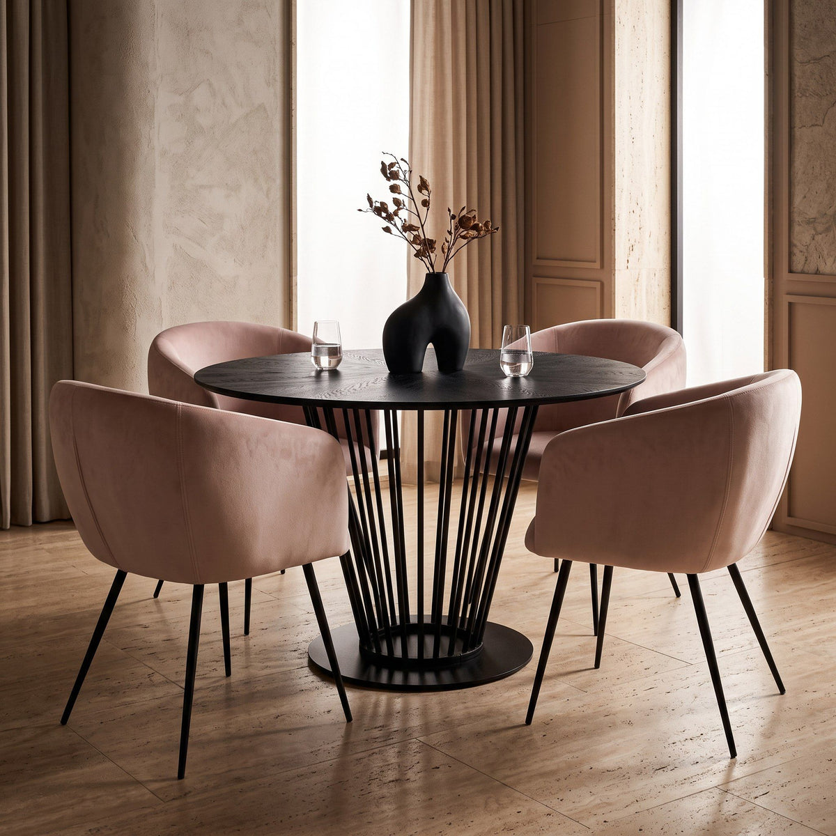 Round Black Dining Table Set with Pink Velvet Chairs, Modern Dining Set
