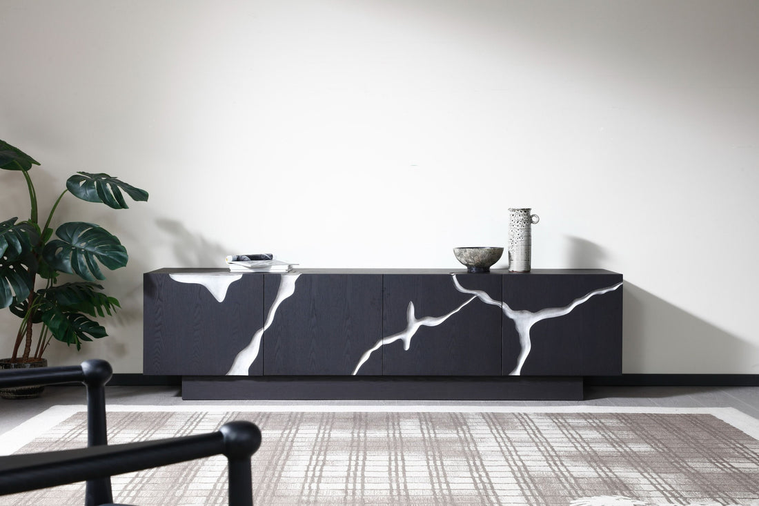 Black TV Stand with Silver Accents, Modern Wide Media Console