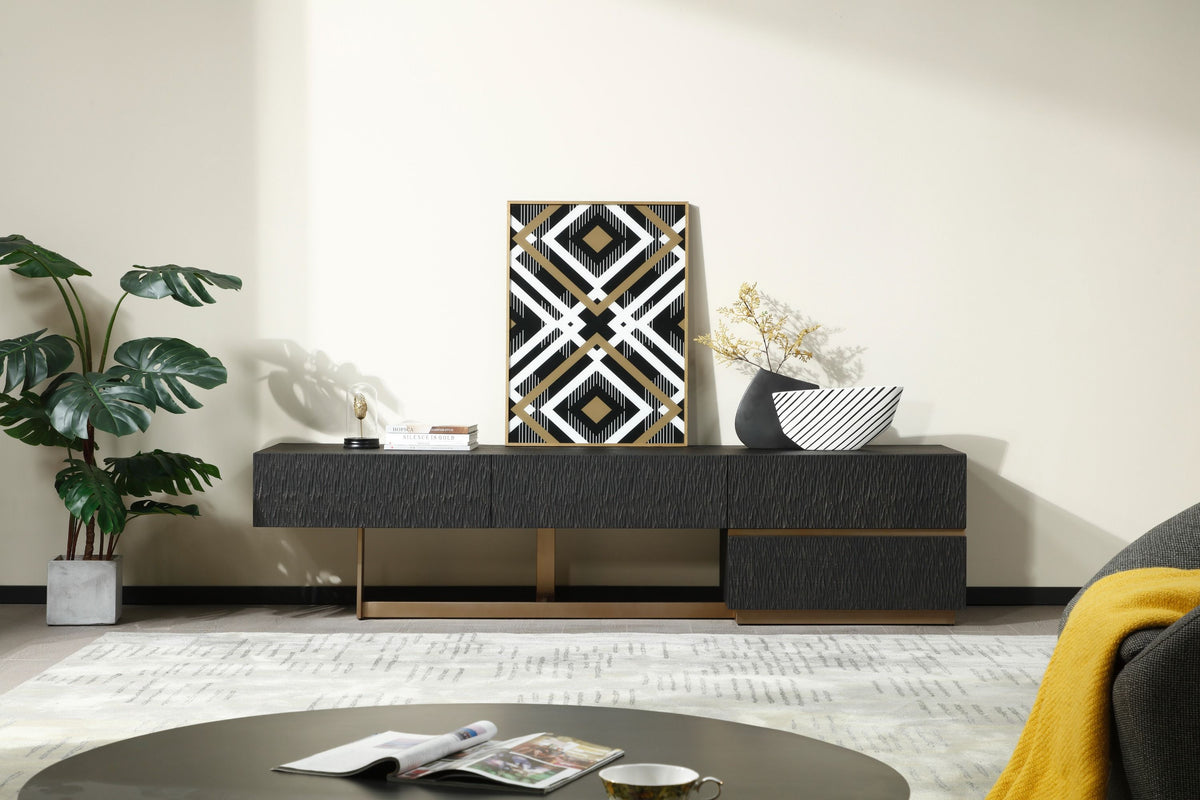 Black Ash TV Stand, Modern Media Console with Gold Legs and Drawers