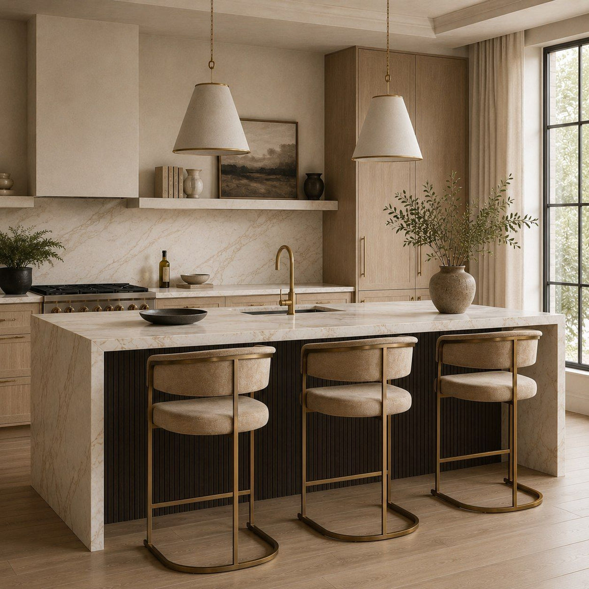 Brown Bucket Seat Counter Stool, Modern Bar Stool with Brass Base