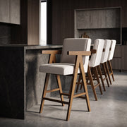 Beige Counter Stools with Arms, Walnut Wood Upholstered Counter Chairs