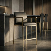 Black Vegan Leather Counter Stool, Modern Bucket Seat Stool with Brass Legs