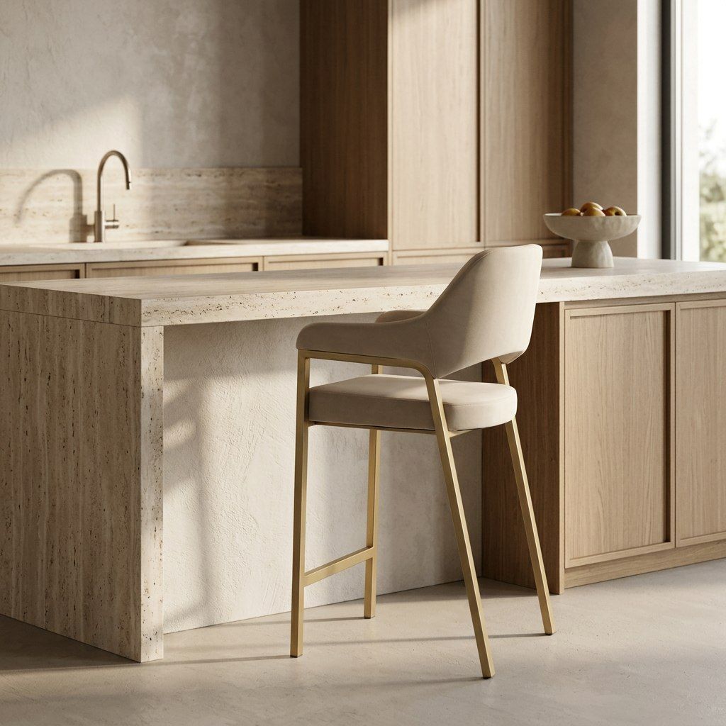 Beige Counter Height Bar Stool, Upholstered Counter Chair with Brass Frame