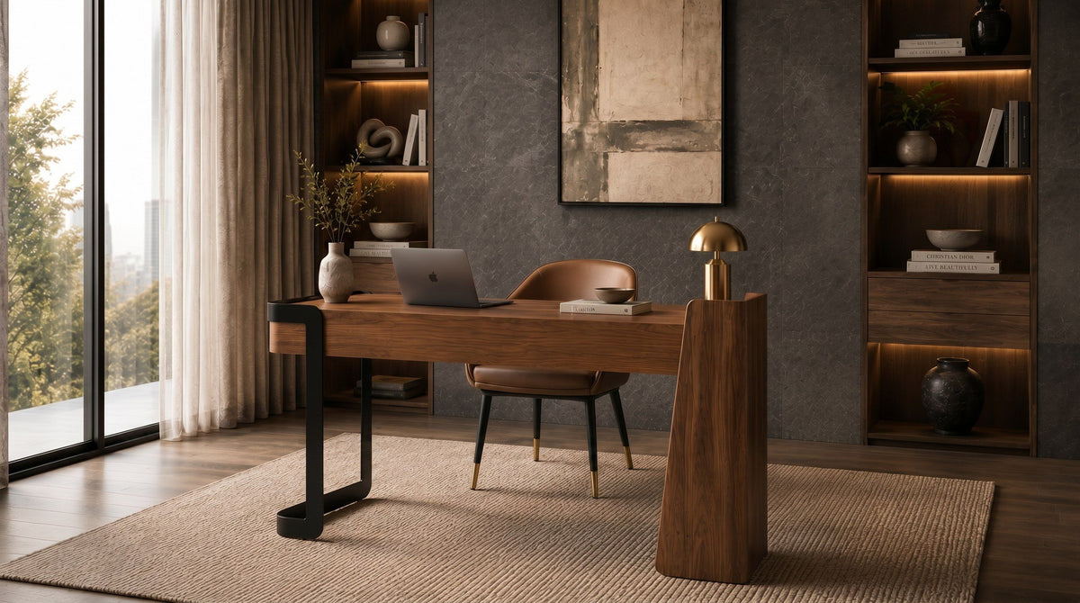 Walnut Writing Desk with Drawers, Modern Home Office Desk