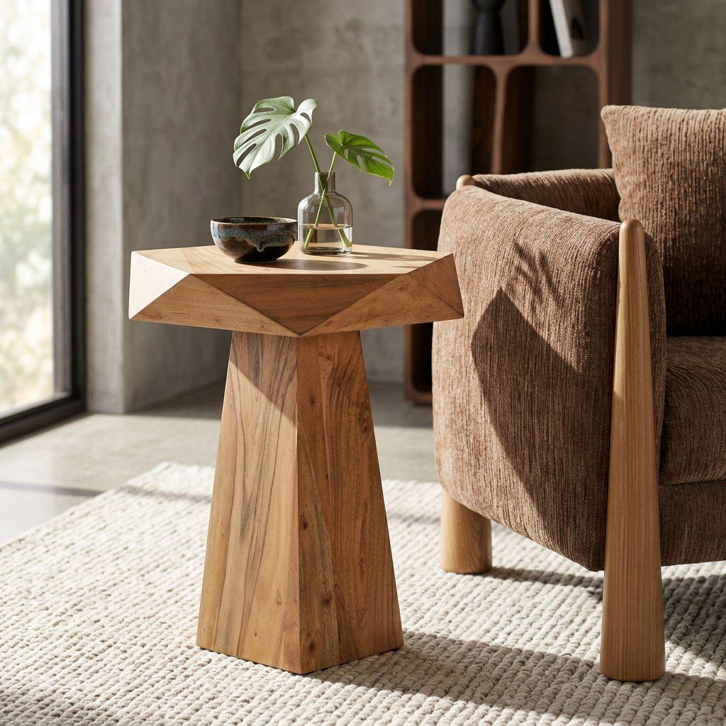 Pentagon Acacia End Table, Rustic Wood Pedestal Side Table