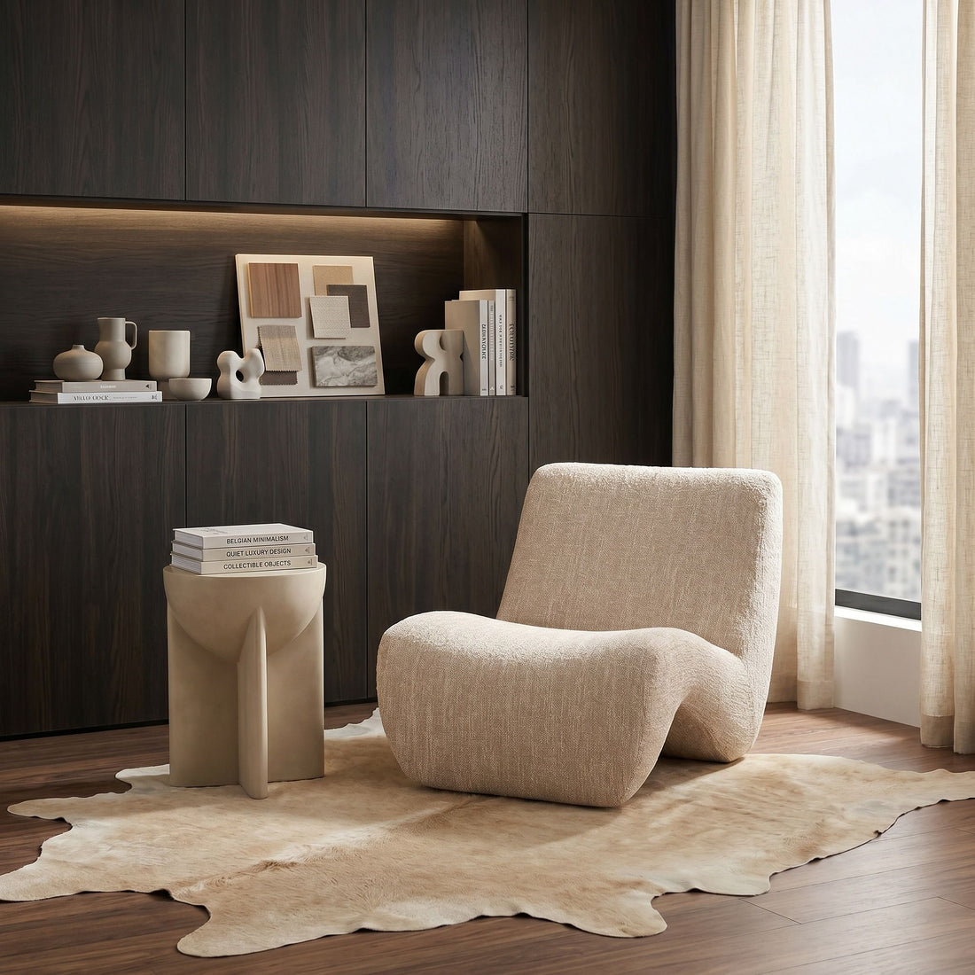Beige Upholstered Accent Chair, Modern Low Lounge Chair for Living Room