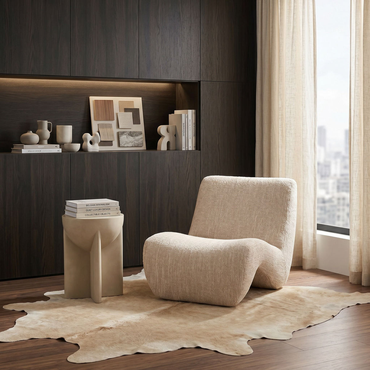 Beige Upholstered Accent Chair, Modern Low Lounge Chair for Living Room
