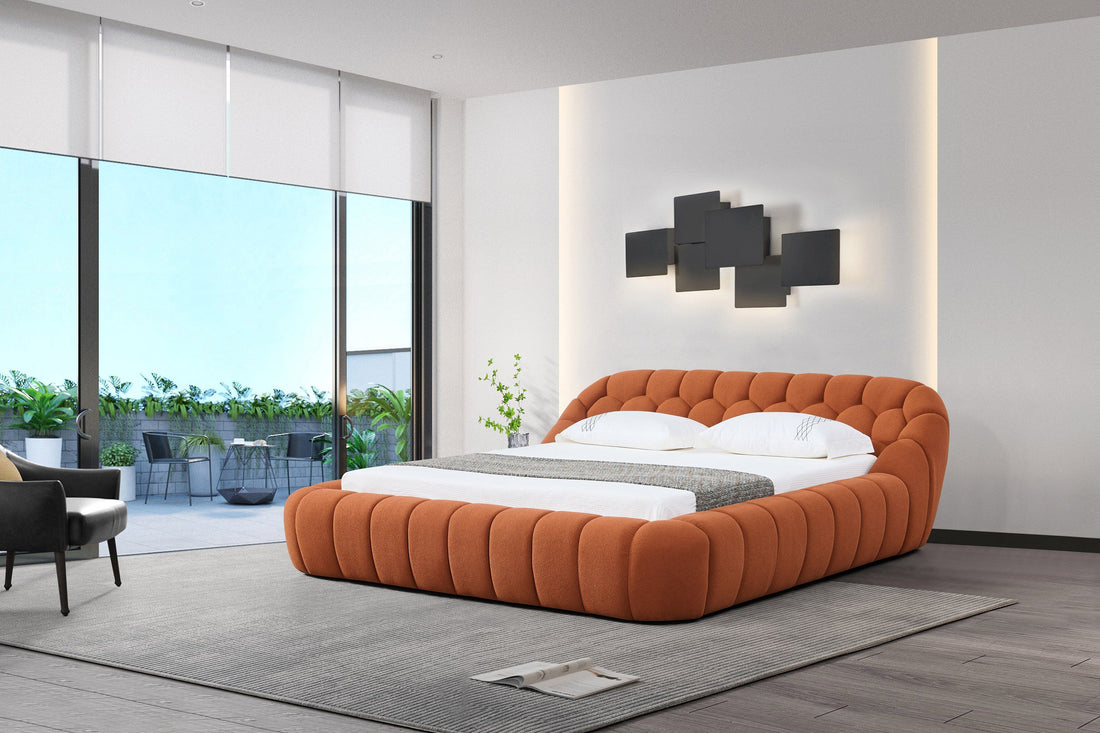 Orange Teddy Upholstered Bed, Hexagon Tufted Headboard Platform Bed