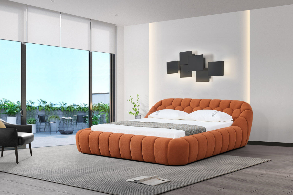 Orange Teddy Upholstered Bed, Hexagon Tufted Headboard Platform Bed