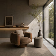 Swivel Accent Chair, Brown and Beige Fabric Round Arm Lounge Chair