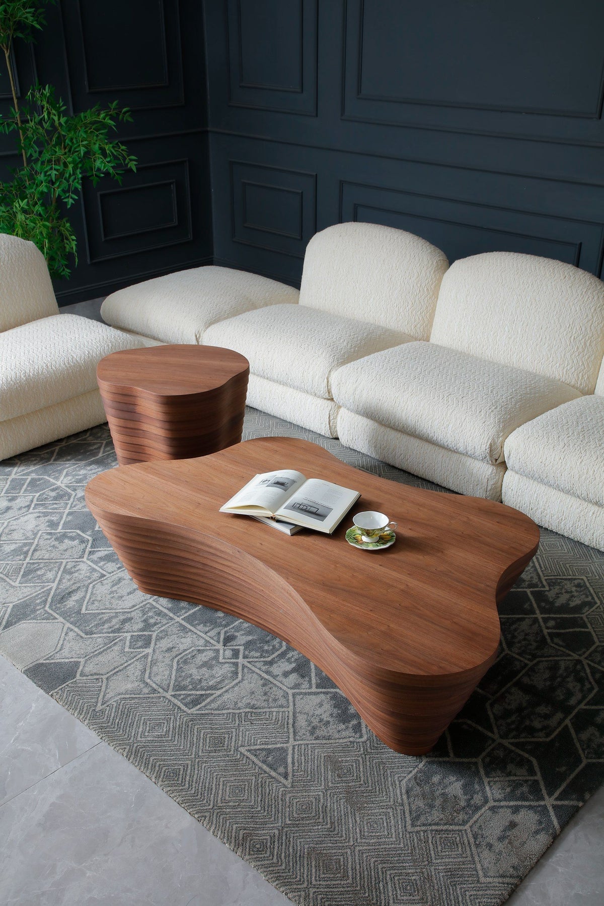 Freeform Walnut Finish Coffee Table, Organic Modern Living Room Table