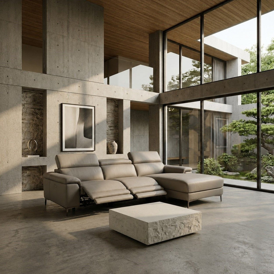 Power Reclining Leather Sectional, Light Grey L Shaped Couch with Chaise