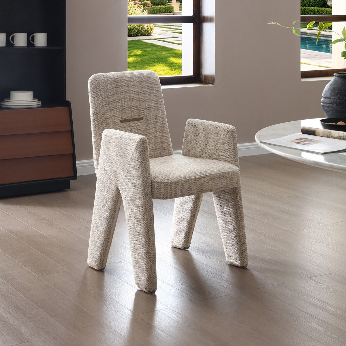 Upholstered Dining Armchair, Modern Fabric Dining Chair with Steel Accent