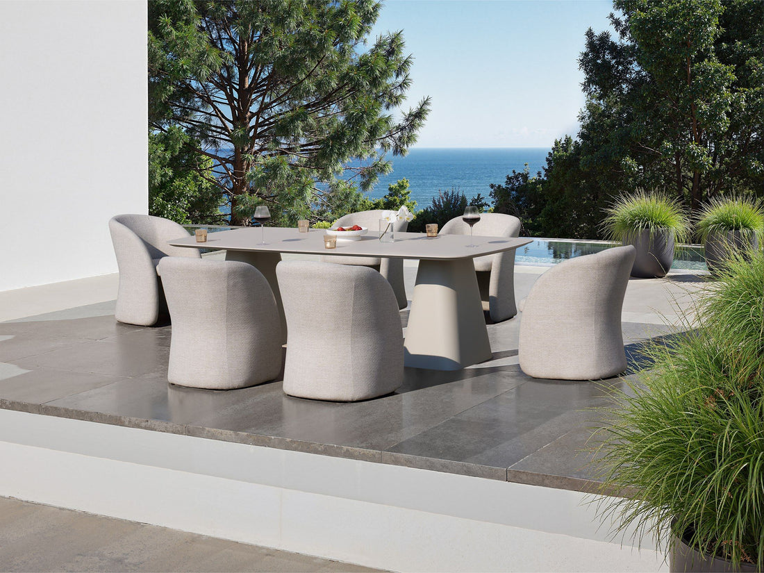 Outdoor Patio Dining Set, Sintered Stone Table with Grey Upholstered Chairs