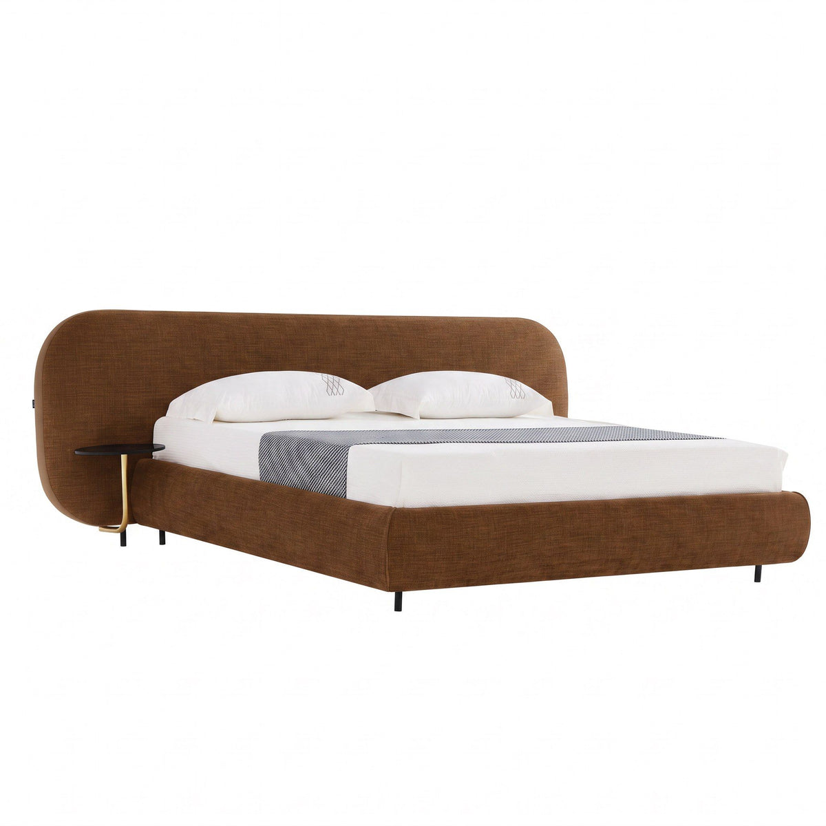 King Upholstered Bed with Nightstands, Modern Brown Fabric Platform Bed